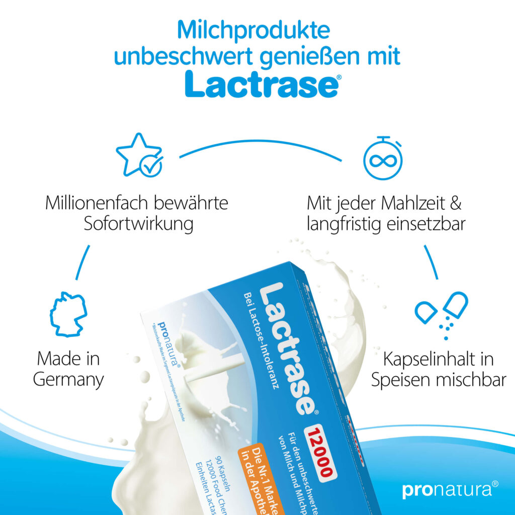 Lactrase 12000 Laktase Tabletten und Kapseln sind made in Germany, haben eine millionenfach bewährte Sofortwirkung und sind mit jeder Mahlzeit sowie langfristig einsetzbar.
