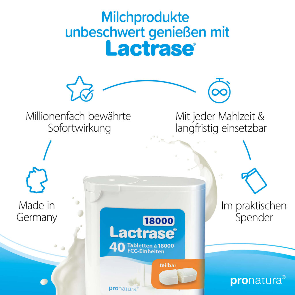 Lactrase 18000 Laktase Tabletten und Kapseln sind made in Germany, haben eine millionenfach bewährte Sofortwirkung und sind mit jeder Mahlzeit sowie langfristig einsetzbar.
