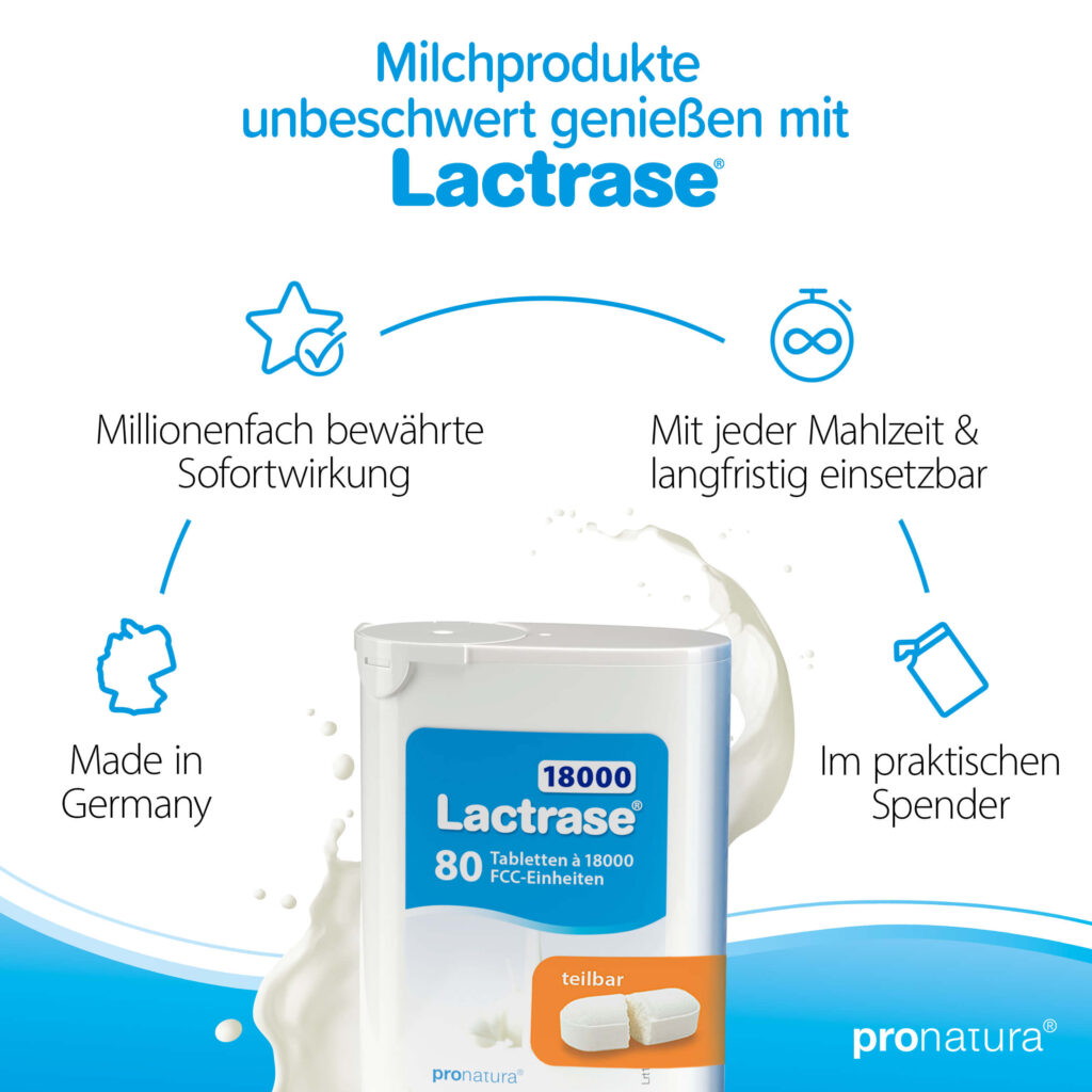Lactrase 18000 Laktase Tabletten und Kapseln sind made in Germany, haben eine millionenfach bewährte Sofortwirkung und sind mit jeder Mahlzeit sowie langfristig einsetzbar.