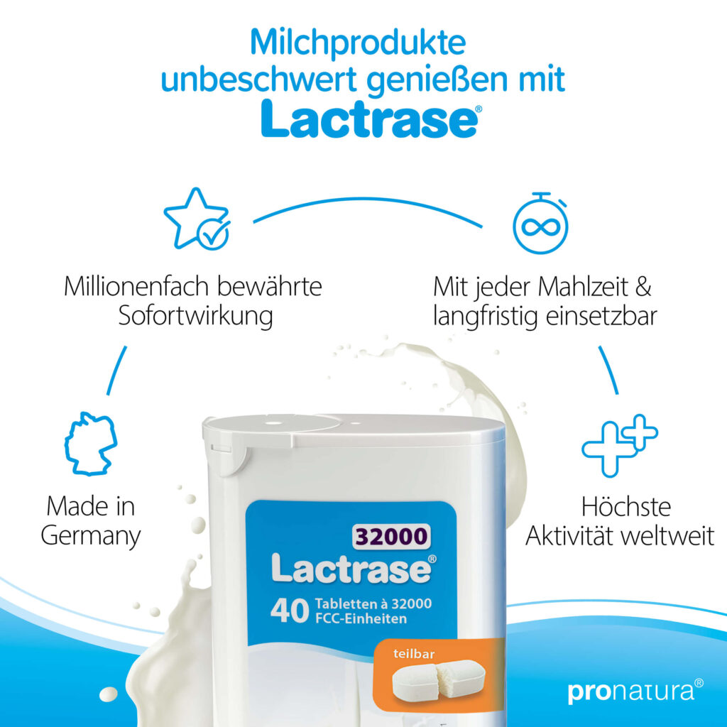 Lactrase 32000 Laktase Tabletten und Kapseln sind made in Germany, haben eine millionenfach bewährte Sofortwirkung und sind mit jeder Mahlzeit sowie langfristig einsetzbar.