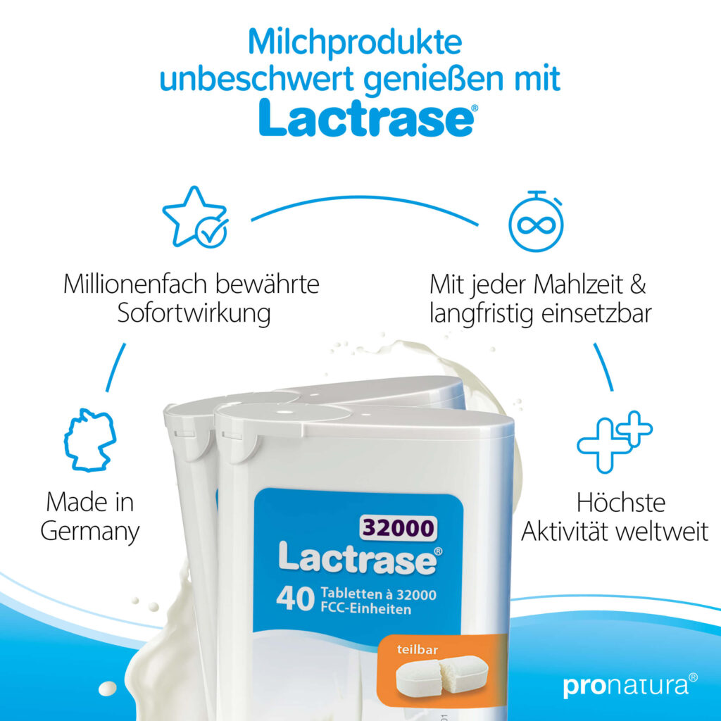 Lactrase 32000 Laktase Tabletten und Kapseln sind made in Germany, haben eine millionenfach bewährte Sofortwirkung und sind mit jeder Mahlzeit sowie langfristig einsetzbar.