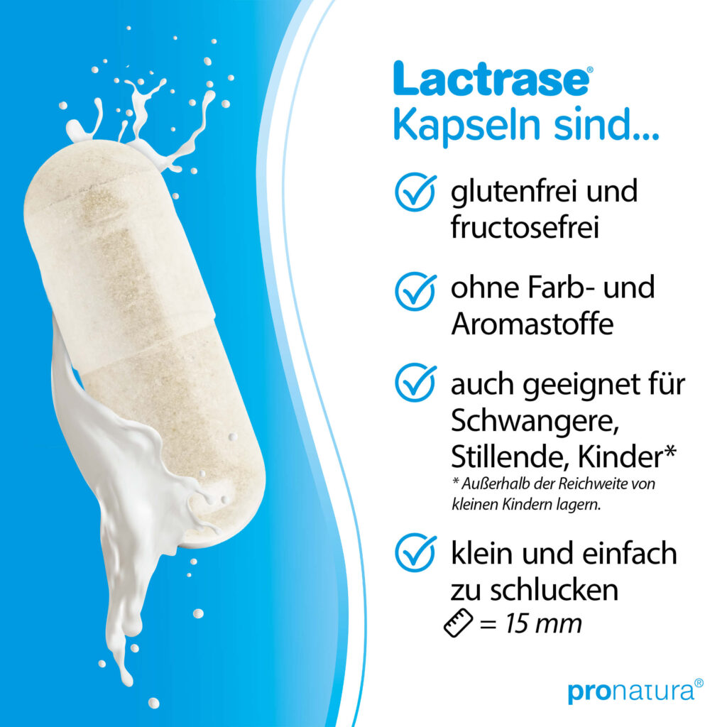 Lactrase Kapseln bei Laktoseintoleranz sind gluten-, gelatine- und fructosefrei, ohne Farb- und Aromastoffe, auch geeignet für Schwangere, Stillende und Kinder.