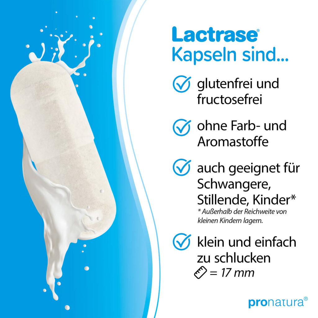 Lactrase Kapseln bei Laktoseintoleranz sind gluten-, gelatine- und fructosefrei, ohne Farb- und Aromastoffe, auch geeignet für Schwangere, Stillende und Kinder.