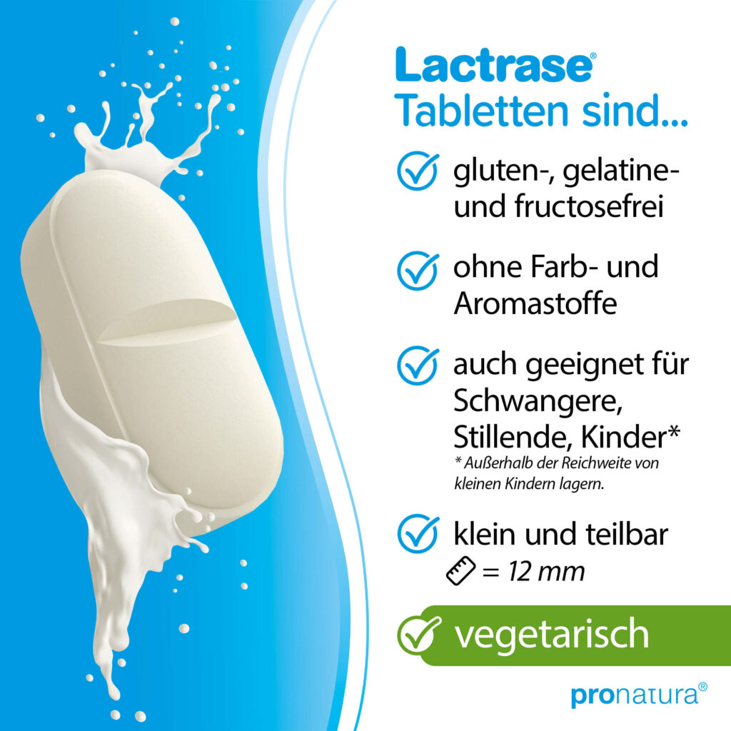 Lactrase Tabletten bei Laktoseintoleranz sind gluten-, gelatine- und fructosefrei, ohne Farb- und Aromastoffe, auch geeignet für Schwangere, Stillende und Kinder.