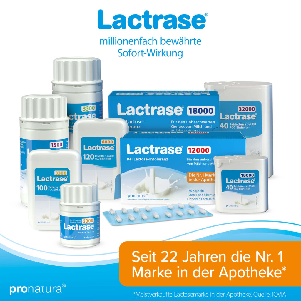 Übersicht des Lactrase Sortiments an Laktase Tabletten und Kapseln bei Laktoseintoleranz.