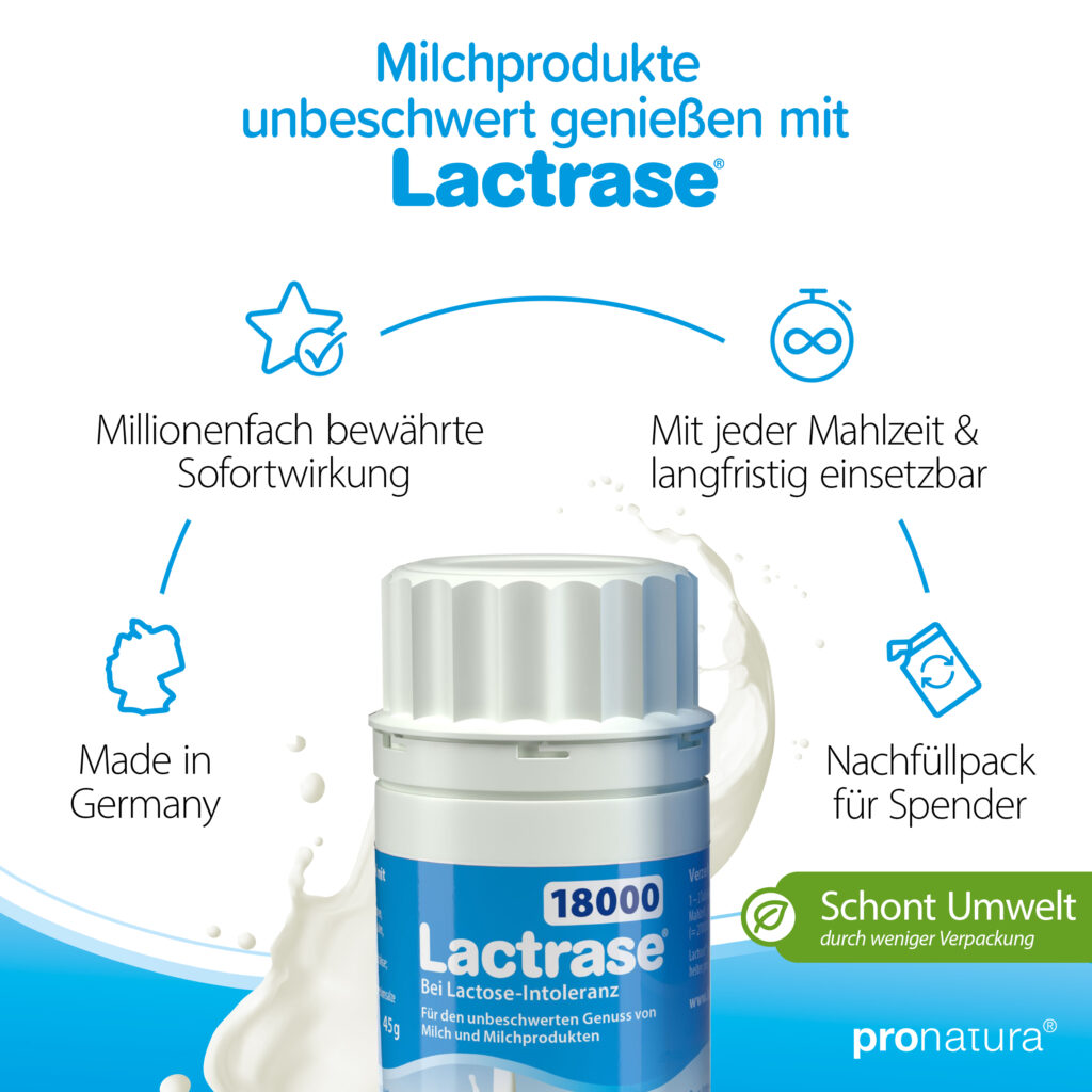 Lactrase 18000 Laktase Tabletten und Kapseln sind made in Germany, haben eine millionenfach bewährte Sofortwirkung und sind mit jeder Mahlzeit sowie langfristig einsetzbar.